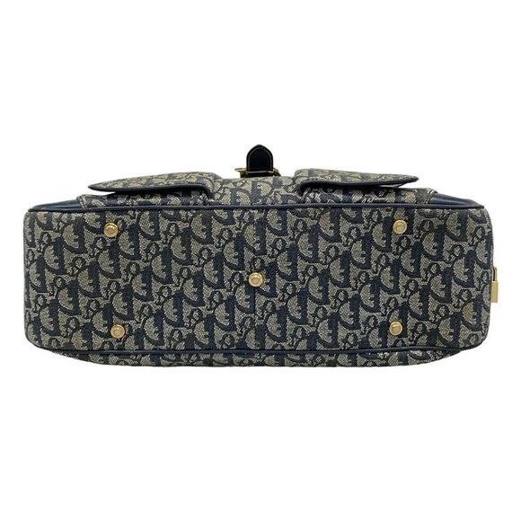 Auth DIOR/ChristianDior Double Saddle Bag - Navy Cream Jacquard Leather Handbag - Picture 5 of 15